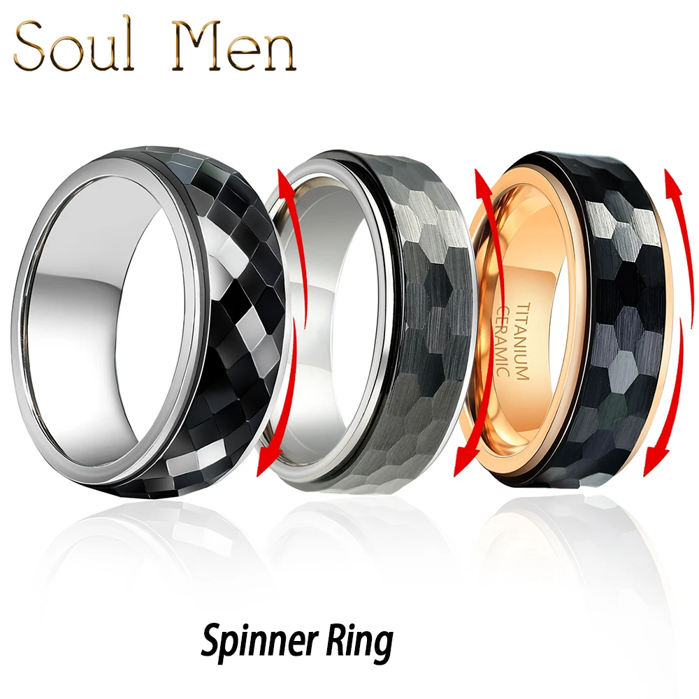 

8mm Titanium Fidget Wedding Rings Hammered/Faceted Black Ceramic Spinner For Men Couple Nickel Free Anxiety Relieving Engagement