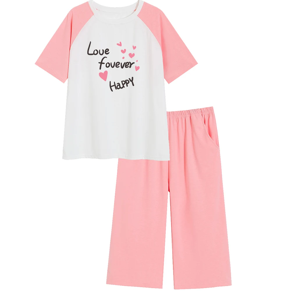 

Girls Pajamas Letter Print Sleep Tops Pink Pants Nightgowns For Women Soft Cotton Plus Size Nightshirts Sleepwear Set Loungewear