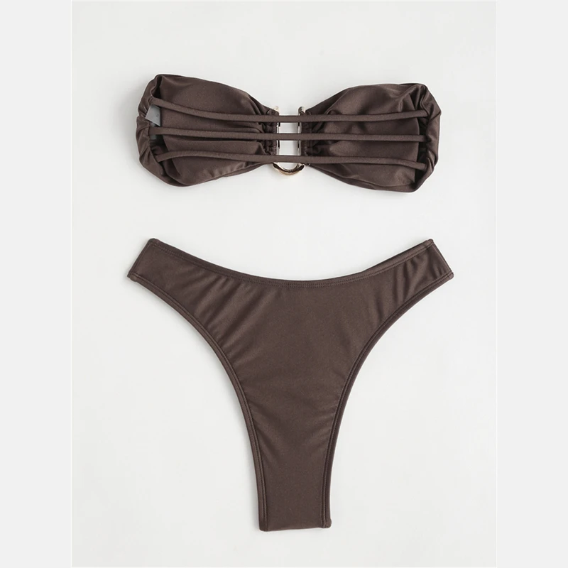 Женский однотонный купальник без бретелек комплект бикини с U-образной
