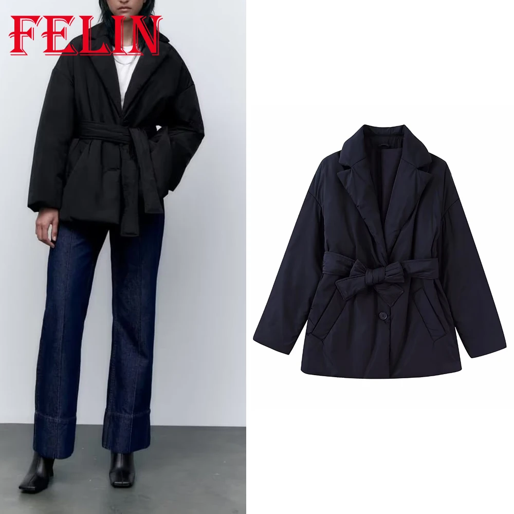 

TRAF Autumn Woman Fashion 2022 Casual Solid Women Jackets Buttons Black Loose Pocket Sashes Coats Long Sleeve Belt Thick Coats