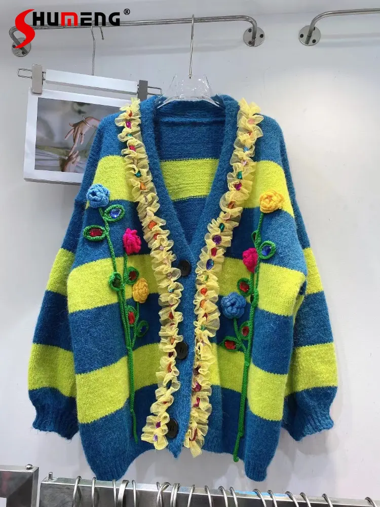 

Original Flower Rhinestone Color Matching Sweater Cardigan Coat Female Kawaii 2022 Autumn and Winter New Women's Loose Knitwear