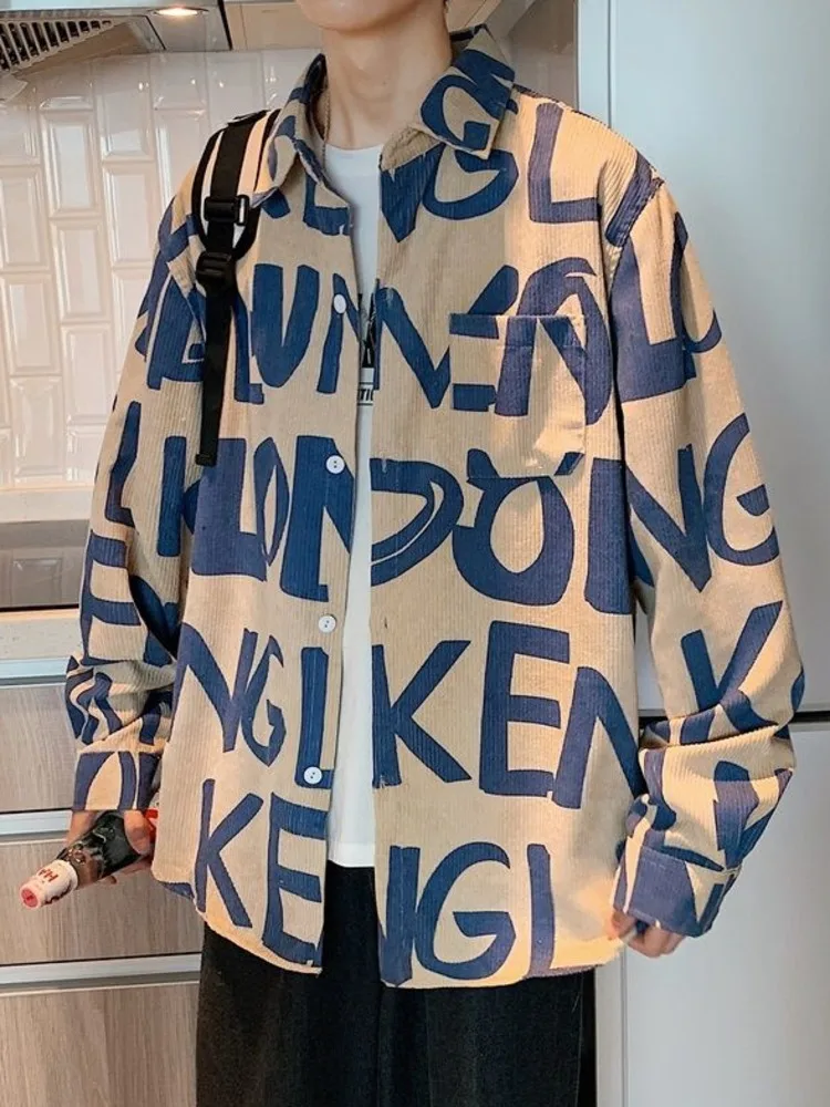 

SYUHGFA 2022 Long Sleeve Men's Shirt Oversized Casual Blouses Tops Letter Graphic Korean Clothing Fashion Brand Male Cardigan