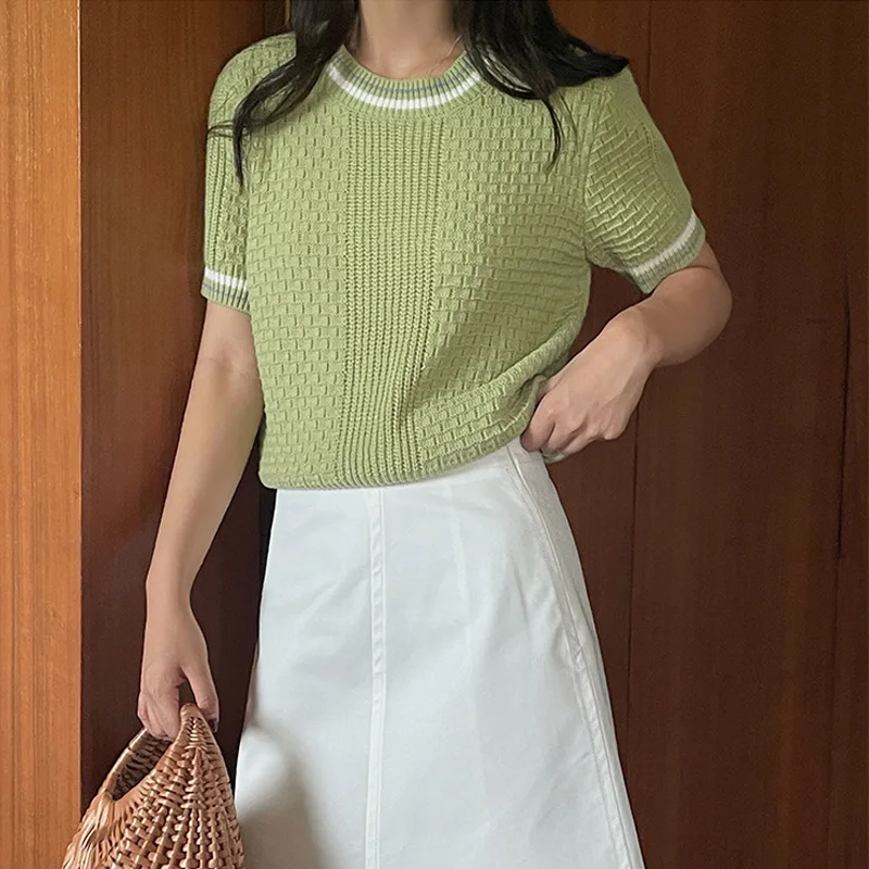 

Summer Tops Women Clothes 2022 Casual Short Sleeve Pullover O-Neck Knitted Sweater Female