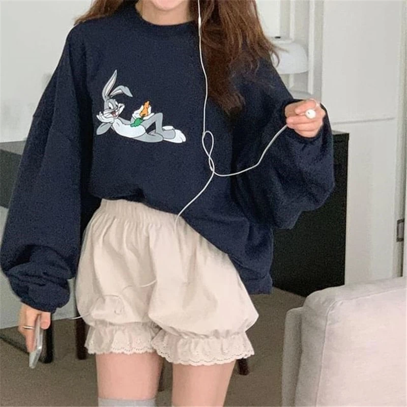 

New Autumn Hoodie Women Preppy Harajuku Cartoon Rabbit Print Pink Pullover Casual Loose Round Neck Long Sleeve Sweatshirt Female