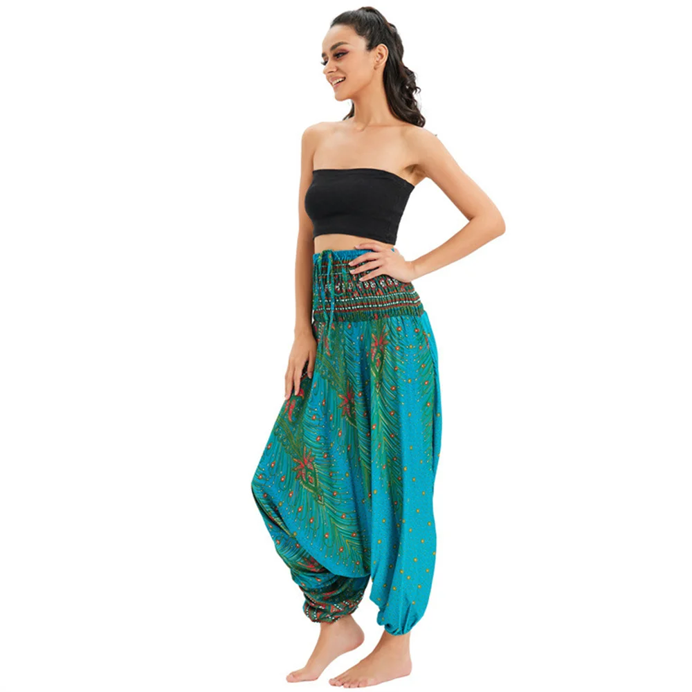 2022 Elastic High Waist Vintage Harem Big Crotch Pants Women Bohemian Floral Print Long Yoga Trousers Boho Beach Jumpsuits