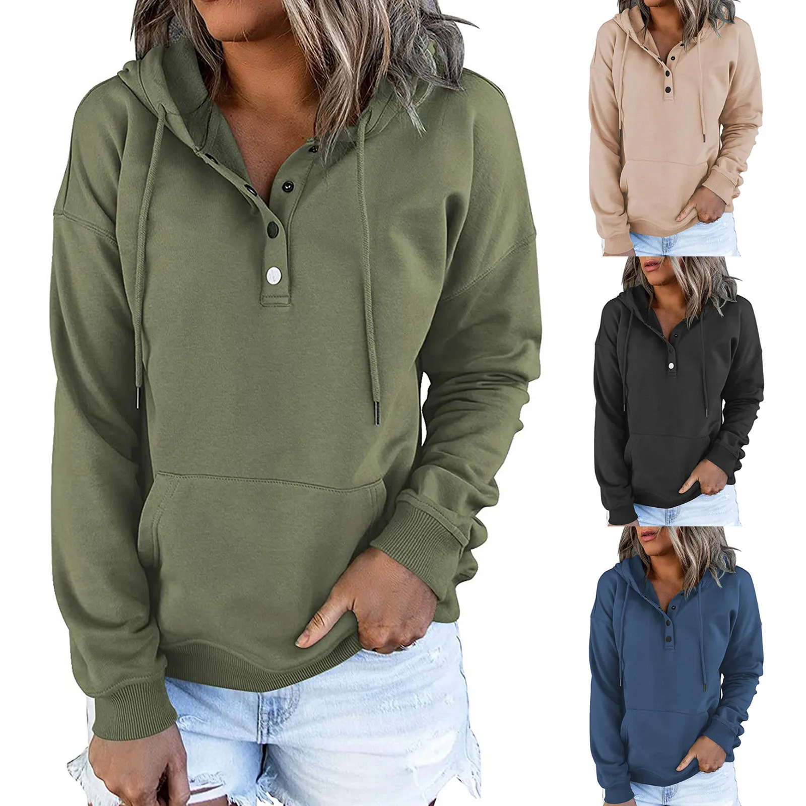 

Women's 2022 Long Sleeve Loose Casual Hooded Drawstring Pocket Sweatshirt