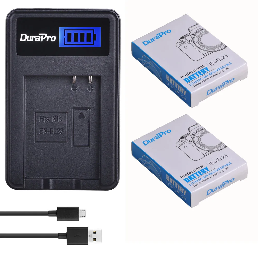 DuraPro 2 шт 1850mAh EN-EL23 EL23 камера батарея + LCD USB зарядное устройство Комплект для Nikon COOLPIX P900, P610, P600, B700, S810c камера DuraPro 2 шт 1850mAh EN-EL23 EL23 камера батарея + LCD USB зарядное устройство Комплект для Nikon COOLPIX P900, P610, P600, B700, S810c камера