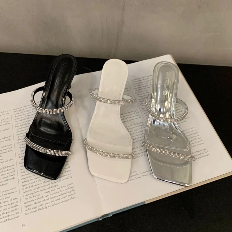 Women High Heels Crystal Rhinestone One Line Slippers Summer Fashion Sexy Party Ladies Shoes Open Toe Slip on Slippers Silver