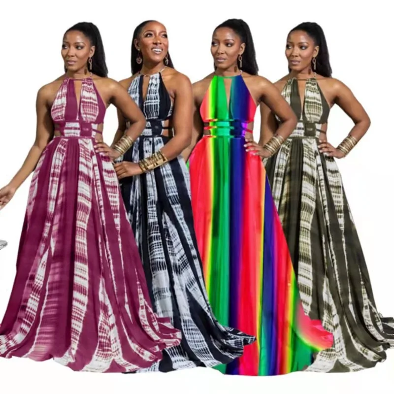 

New European and American 2023 Spring/Summer Dress with Large Swing, Mid Waist, Printed Style Long Dress