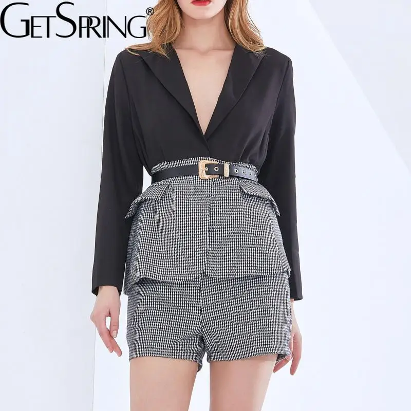 

GetSpring, женские короткие комплекты, элегантные клетчатые Лоскутные прямые шорты с высокой талией, модные комплекты из двух предметов, весна ...