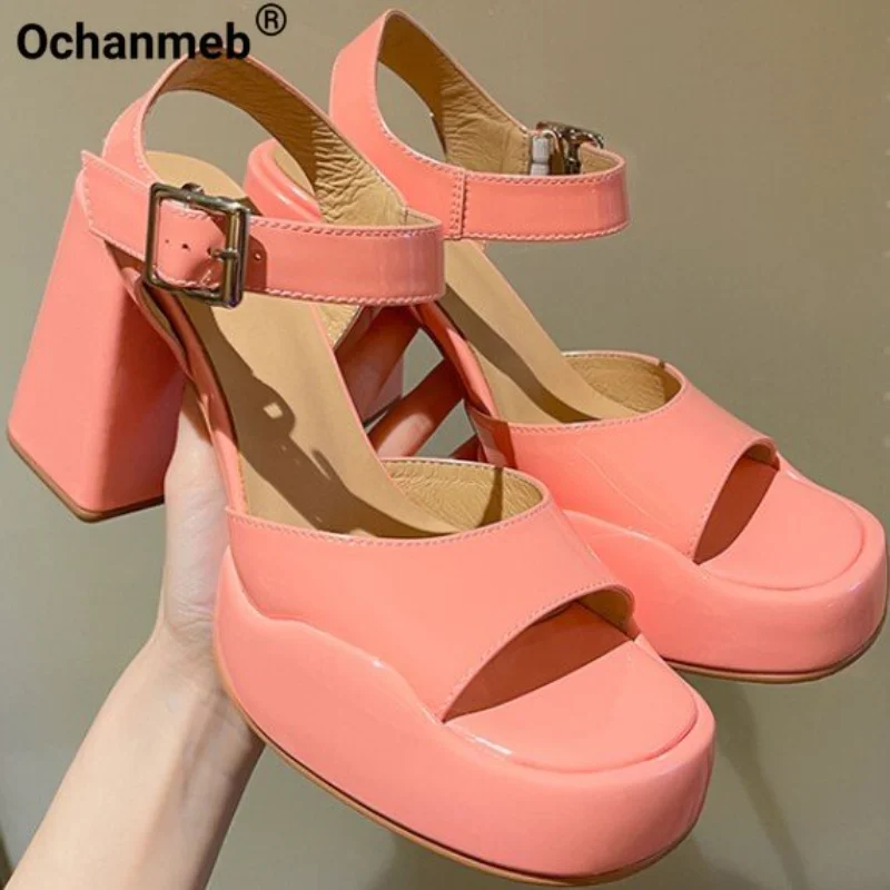 

Ochanmeb Sheep Patent Leather Platform Sandals Women Chunky High Heels Thick Sole Shoes Buckle Strap Pink White Ladies Sandal 40