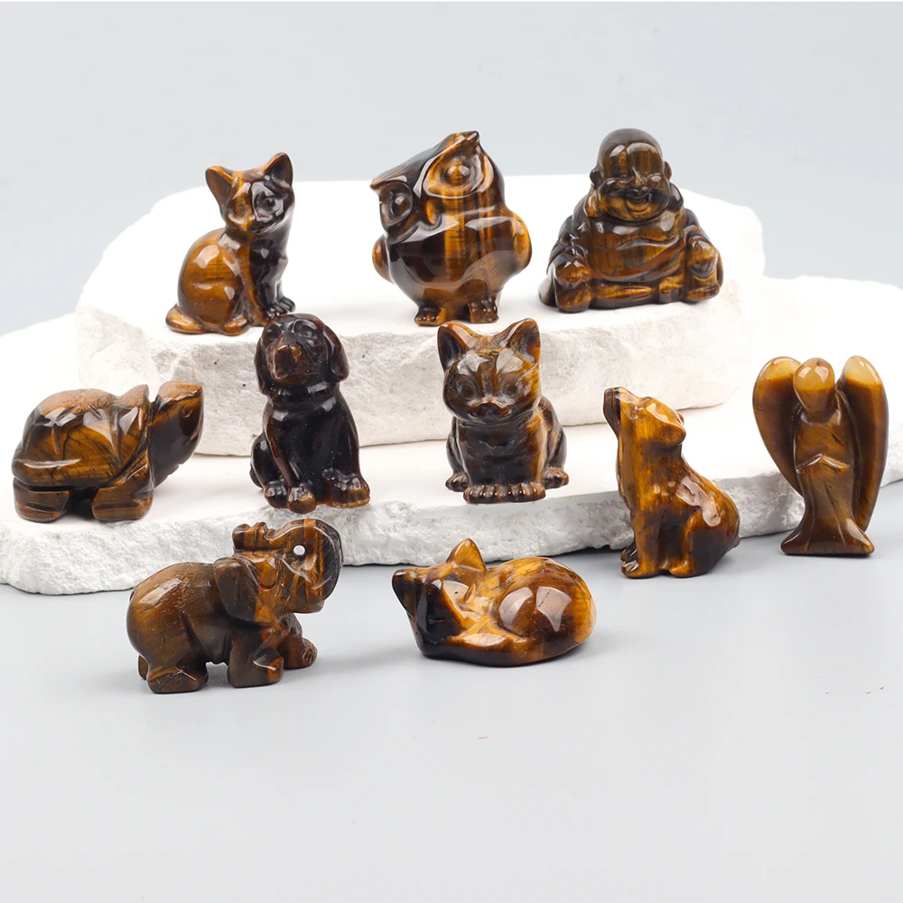 

10 шт./компл. наборы для резьбы по тигровым глазу, различные фигурки животных, кошка, волк, слон, энергетические камни, чакра, фэншуй, домашний декор