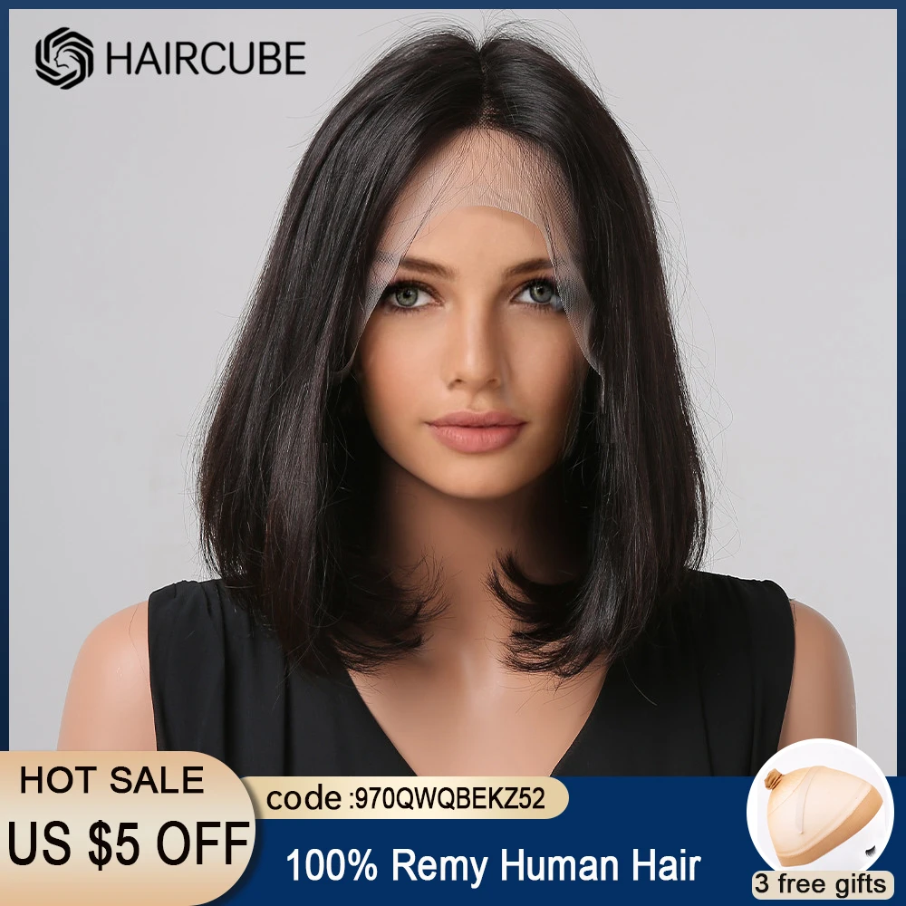 HAIRCUBE Short Bob Wig Natural Human Hair Lace Wigs Straight Remy Hair Wigs for Women 13*1 T Part Lace Frontal Wig Human Hair