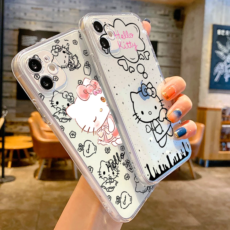 

TAKARATOMY Hello Kitty Cat Phone Case For iPhone 13 12 11 6 6s 7 8 Plus X XR 11Pro XS Max Transparent Soft TPU Silicone Cover