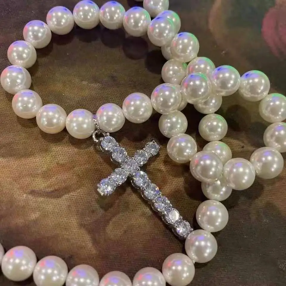 

Retro Men's Necklace Hip Hop Zircon Cross Pendant Necklace Bohemia Imitation Pearl Beads Chokers Clavicle Chain Fashion Jewelry