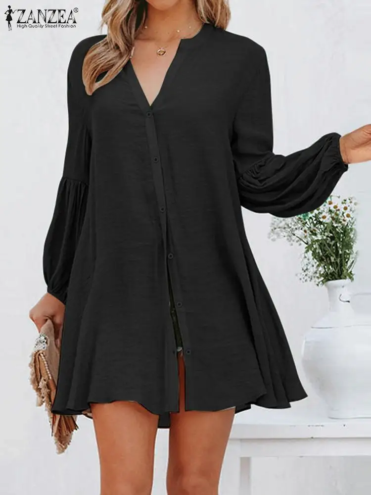 

Повседневные туники ZANZEA с V-образным вырезом, женская модная однотонная Длинная блузка, праздничные топы с длинными рукавами-фонариками, ви...