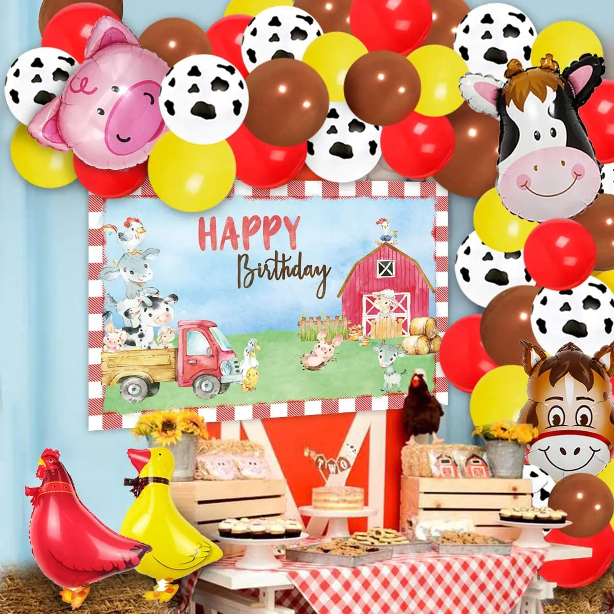 

CHEEREVEAL Farm Animal Theme Red Yellow Balloon Garland Arch Kit Pig Cow Foil Balloon Backdrop for Farm Birthday Party Supplies