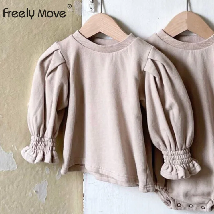 

Freely Move Kids Cotton Blouse Girls Autumn Clothes Basic Blouse Chic Solid O Collar Princess Lantern Sleeve Clothes Tee