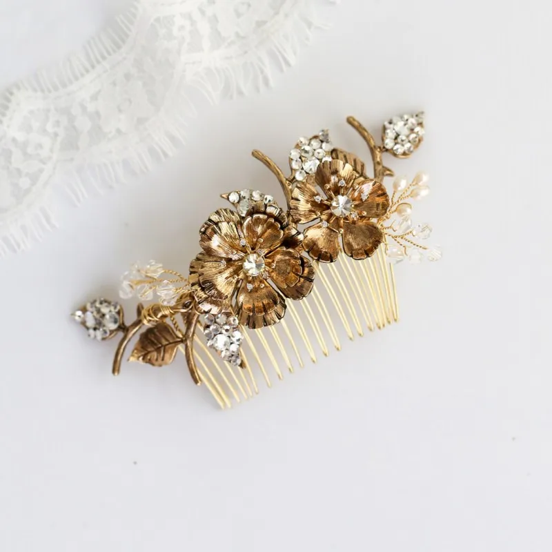 Vintage Gold Color Floral Bridal Hair Comb Crystal Women Hair Piece Handmade Wedding Prom Accessories Headwear