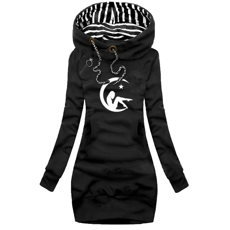 

High Quality Women Dresses Autumn Winter Long Sleeve Hooded Dress Casual Printed Skirts Outdoor Fleece Warm Ladies Dresses