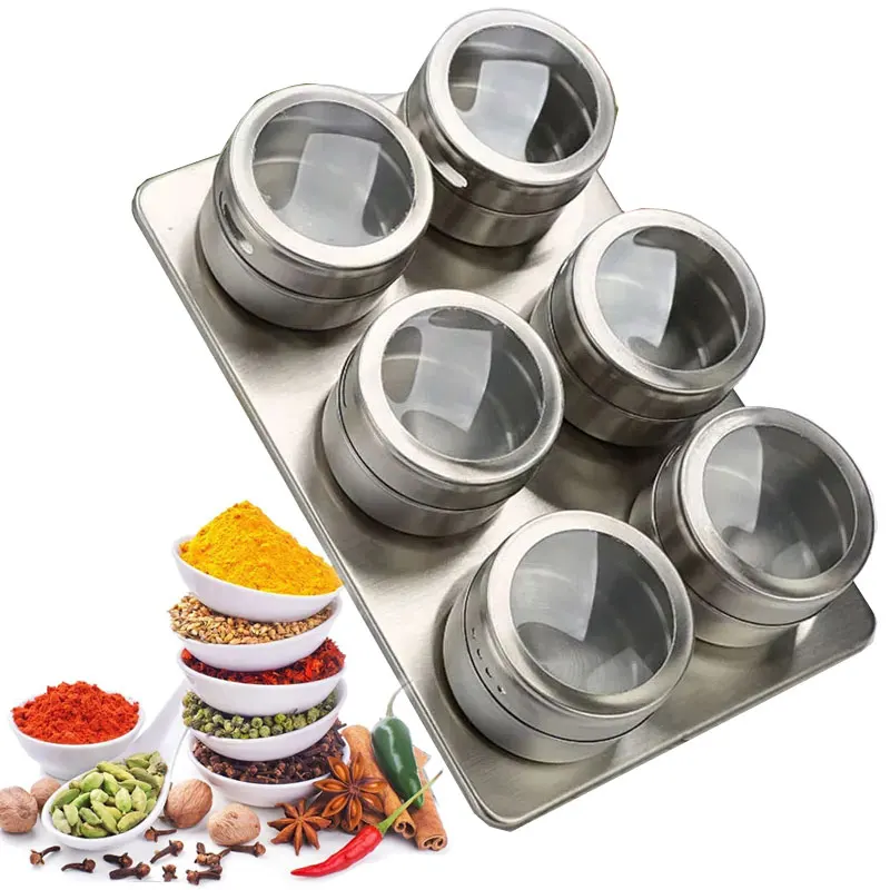 

Magnetic Spice Jars Stainless Steel Spice Sauce Storage Container Clear Lid Spice Tins Sealed Barbecue Storage Box with Rack