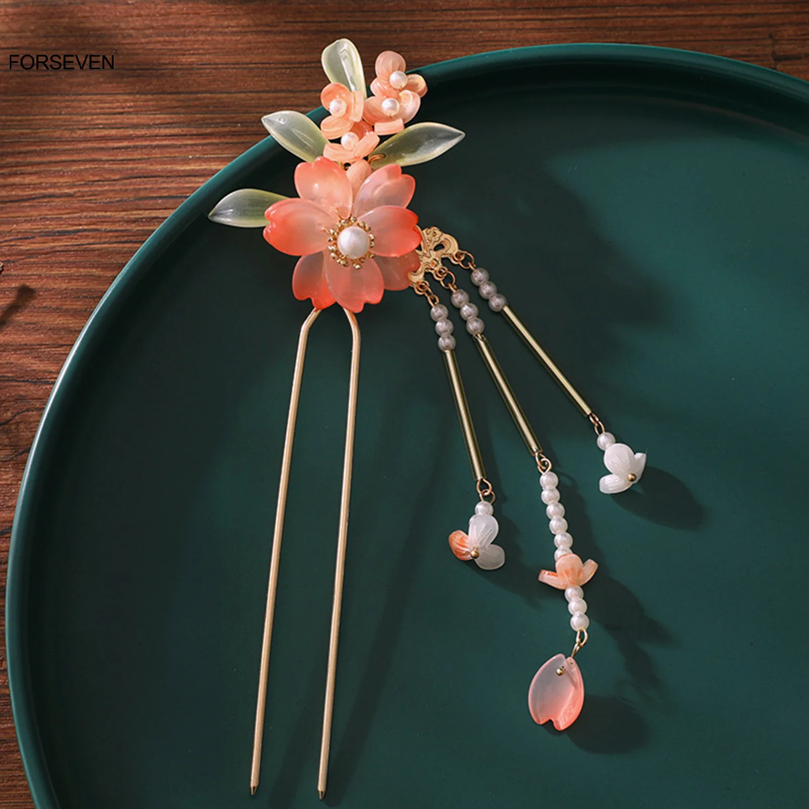 

Chinese Hair Sticks Forks U Shaped Orange Flower Hairpins Clips Pearl Headpieces for Women Girls Hanfu Dress Hair Jewlery
