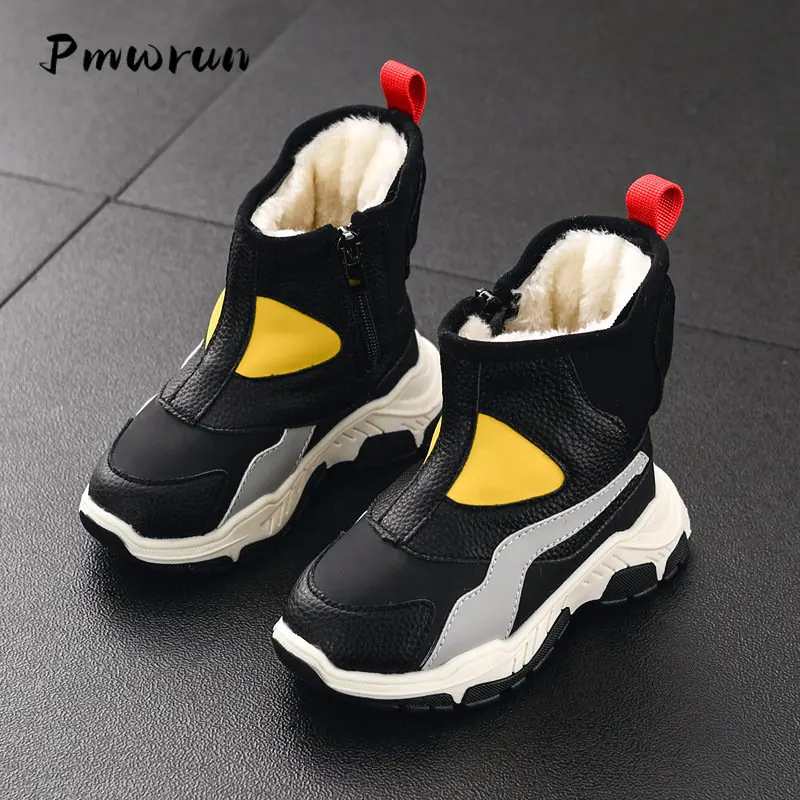 Kid Warm Plush Cotton Fabric Snow Boots Children Winter Outdoor Hiking Shoes Student Soft Casual Daily Waterproof Meduim Shoes