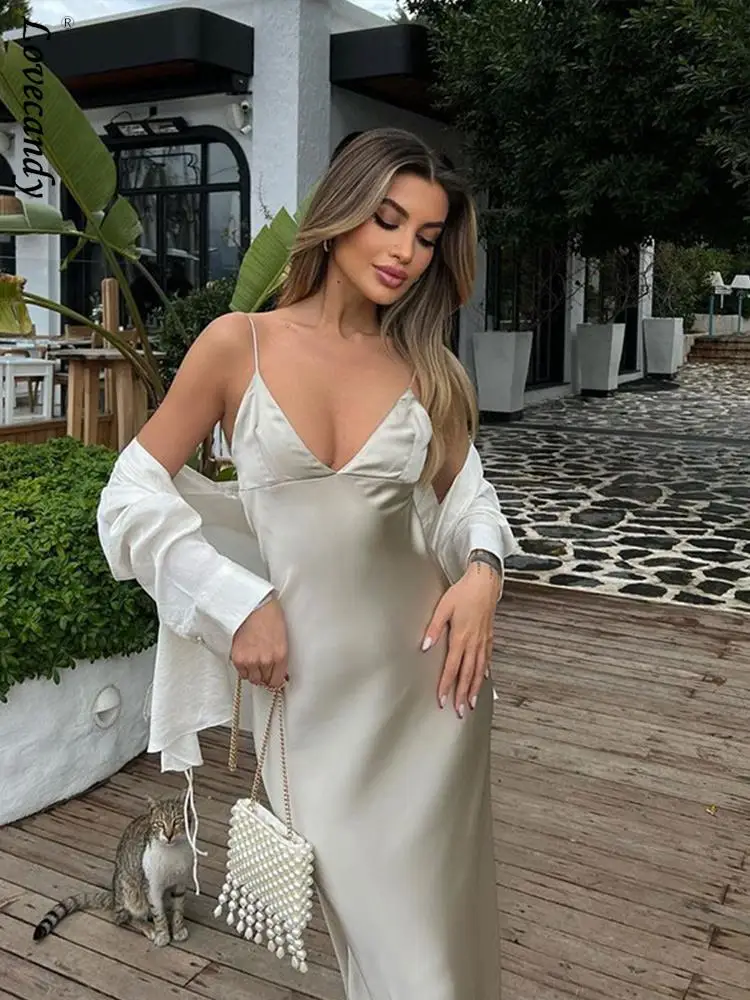 

Sexy Satin Backless V Neck Slip Long Dress For Women Elegant Lace Up Sleeveless Dresses Summer Lady Strapless Streetwear Vestido