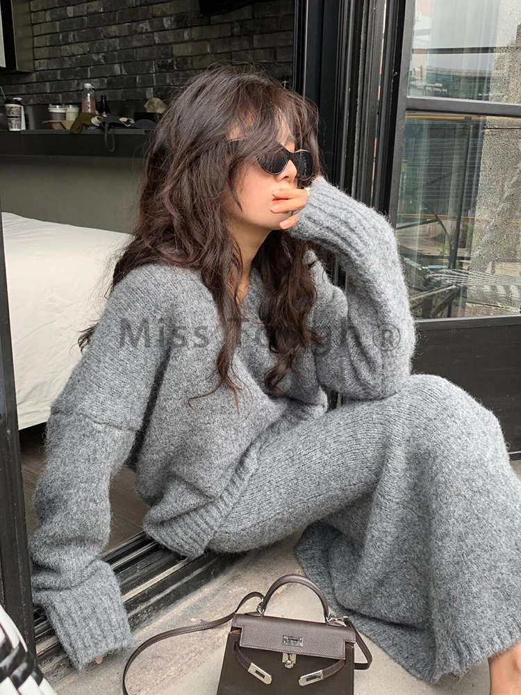 Осенне-зимний вязаный элегантный комплект из 2 предметов в стиле ретро женский