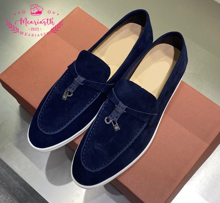 

New Women Loafers Nude Suede Flat Shoes Round Toe Slip-on Metal Lock Genuine Leather Casual men Moccasins Summer Walking Shoes