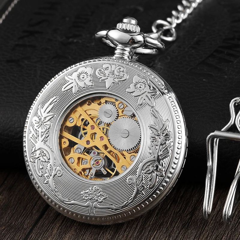 Fashion Mechanical Pocket Watch Skeleton Blue Star Design Front Case Hollow Flower Roman Numeral Dial with FOB Chain Gift PM098