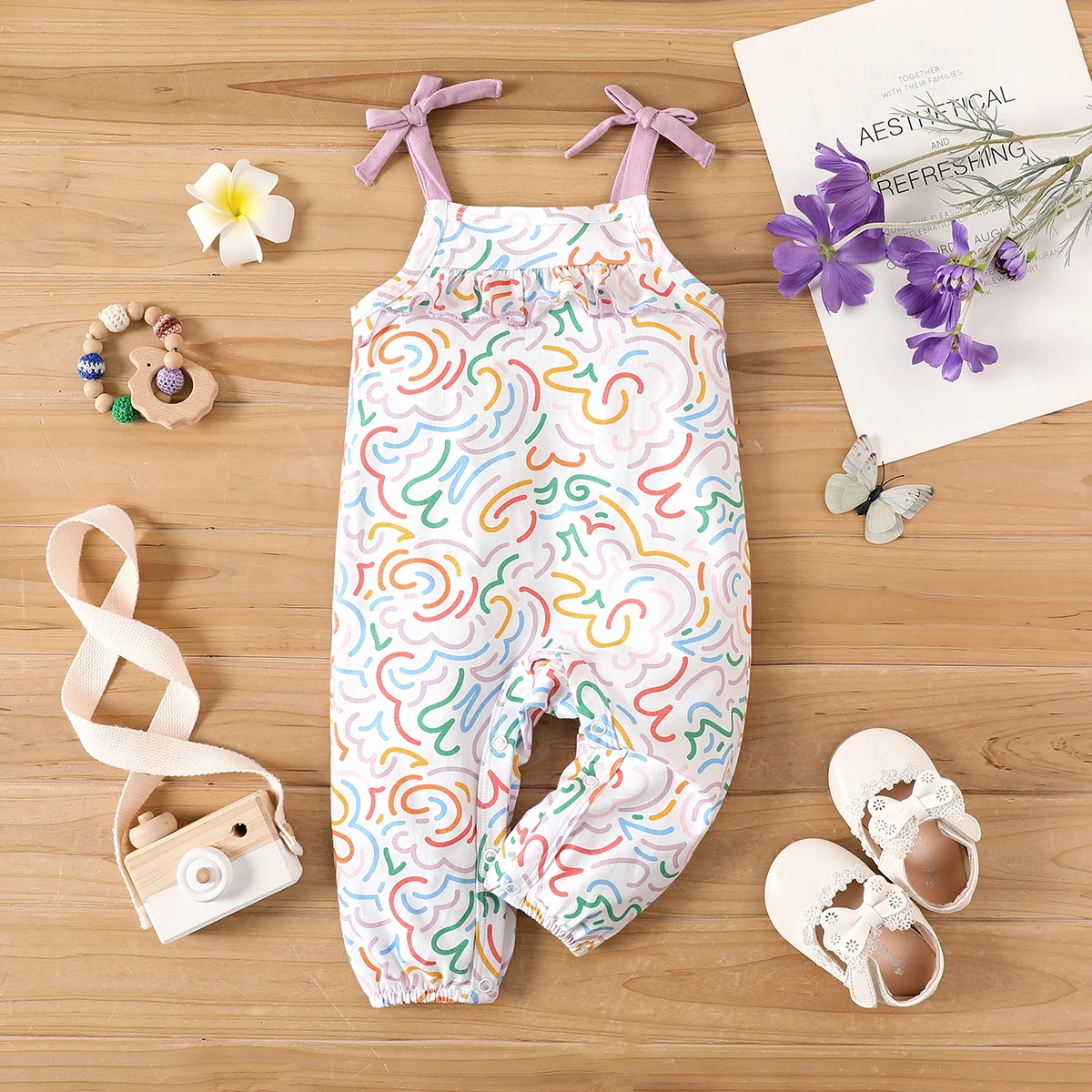 

PatPat Baby Girl 100% Cotton Allover Colorful Print Cami Jumpsuit