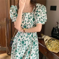 2022 summer french womens green floral midi dress square neck puff sleeve a line skirt casual vacation ladies clothing