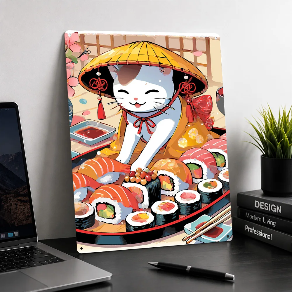Фото Постер с 3D-текстурой Sushi Cat Neko, персонализированное настенное искусство, ретро-металлические таблички для декора комнаты, аксессуары для спальни №2