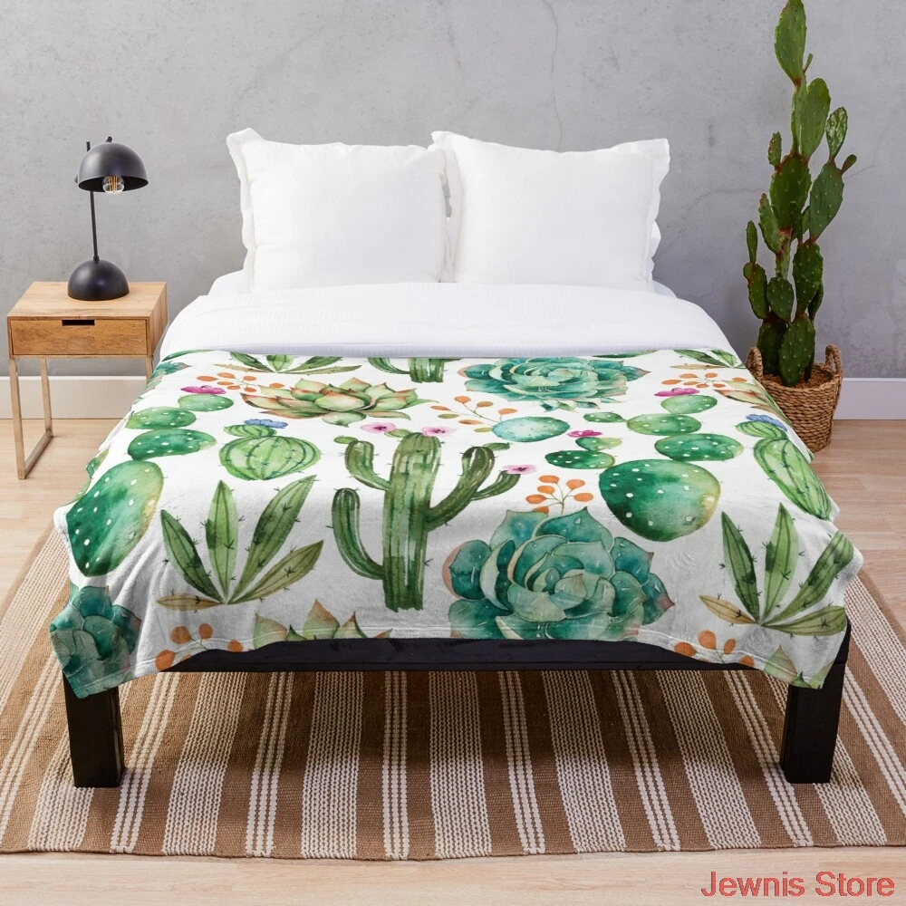 

Акварельное одеяло с рисунком кактуса, теплое удобное покрывало с буквами, одеяло с принтом на заказ, шерпа, одеяло для дивана, тонкое покрыв...