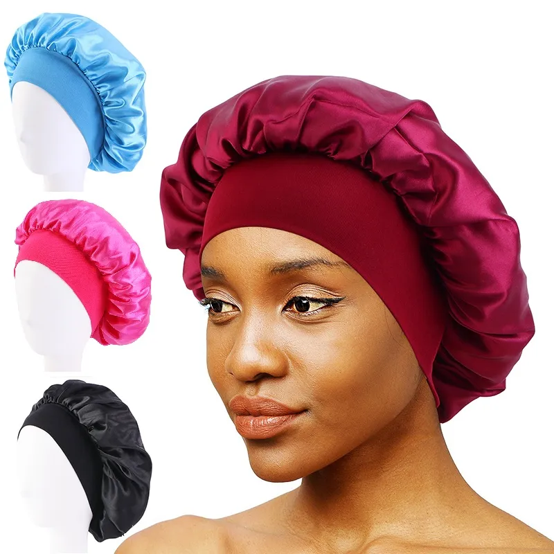 New Women's Satin Solid Wide-brimmed Sleeping Hat Unisex Head Wrap Elastic Band Cap Hair Care Bonnet Night Hat bonnet de nuit