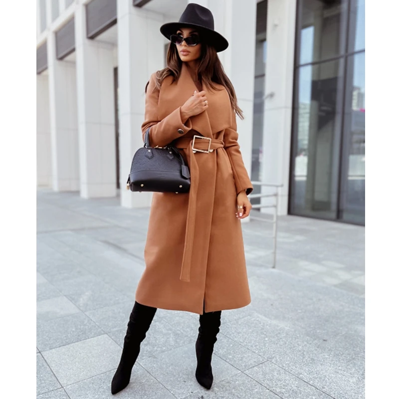 

Women Woolen Coat Autumn Winter Solid Color Tied Button Trench Coat Women Long Sleeve Slim Turn-down Collar Bandage Woolen Coat
