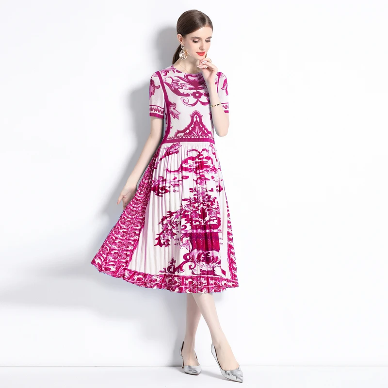 

Платье женское летнее Плиссированное с круглым вырезом и коротким рукавом