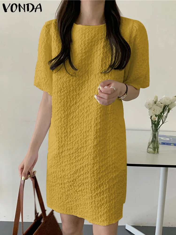 

VONDA 2022 Summer Dress Women Solid Dress Elegant O-Neck Casual Party Sundress Loose Robe Short Sleeve Solid Short Sundress