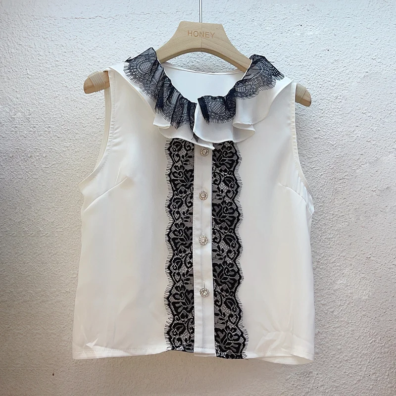 

Vintage Blusas Mujer De Moda 2023 O Neck Fungus Edge Lace Patchwork Blouses Sleeveless Exquisite Single-breasted Vest Shirts