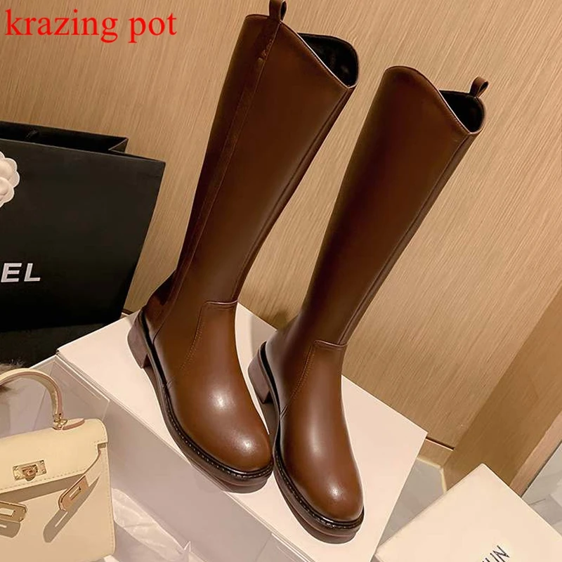 

Krazing Pot Cow Split Leather Neutral Round Toe Slip on Equestrian Boots Thick Med Heels Keep Warm Winter Ins Thigh High Boots