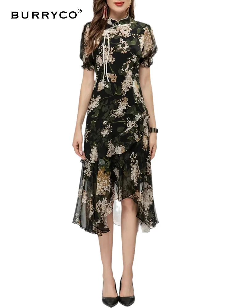 

BURRYCO Women's New 2023 Summer Luxury Stand Neck Plate Button Print Bow Tie Bubble Sleeve Ruffled Irregular Dress