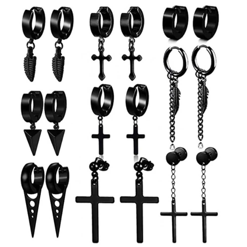 

Fashion 2020 Stainless Steel Dangle Earrings For Men Women Pure Black Hoop Cool Hinged Feather Earrings