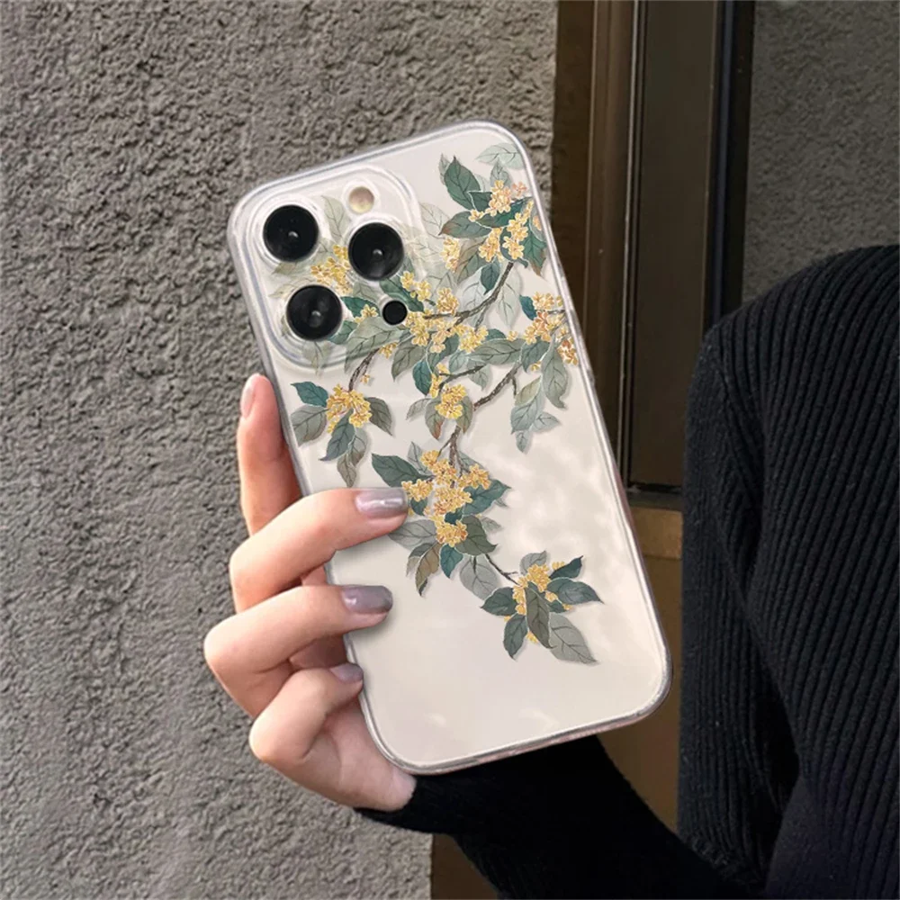 Прозрачный чехол с цветочным принтом османтуса для iPhone 15 16 Plus 12 13 mini 11 14 Pro Max XR