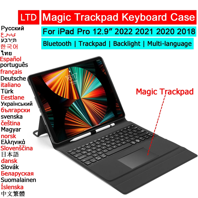 

Bluetooth Magic Trackpad Keyboard Mouse Case For iPad Pro 12.9 2021 2020 2018 Tablet Case Russian Hebrew Arabic Spanish keyboard