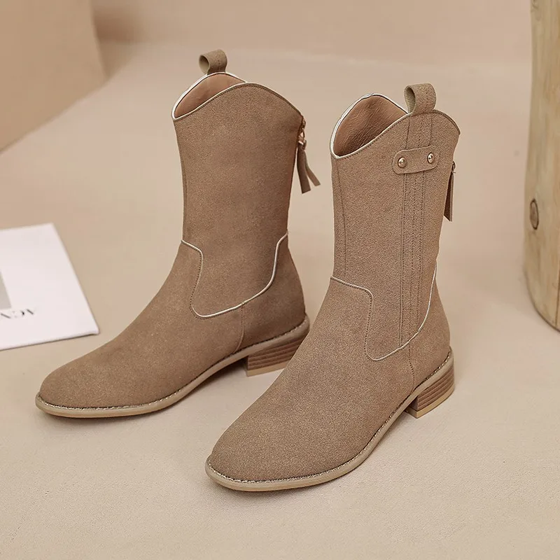 

Winter New Leather Round Head Solid Color Comfortable and Warm Back Zipper Women Fashion Boots Mid Sleeve Women's Boots 2023