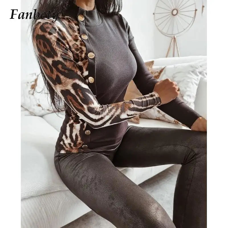 

Женская блузка с длинным рукавом, элегантная приталенная блузка с леопардовым принтом, с пуговицами, на весну