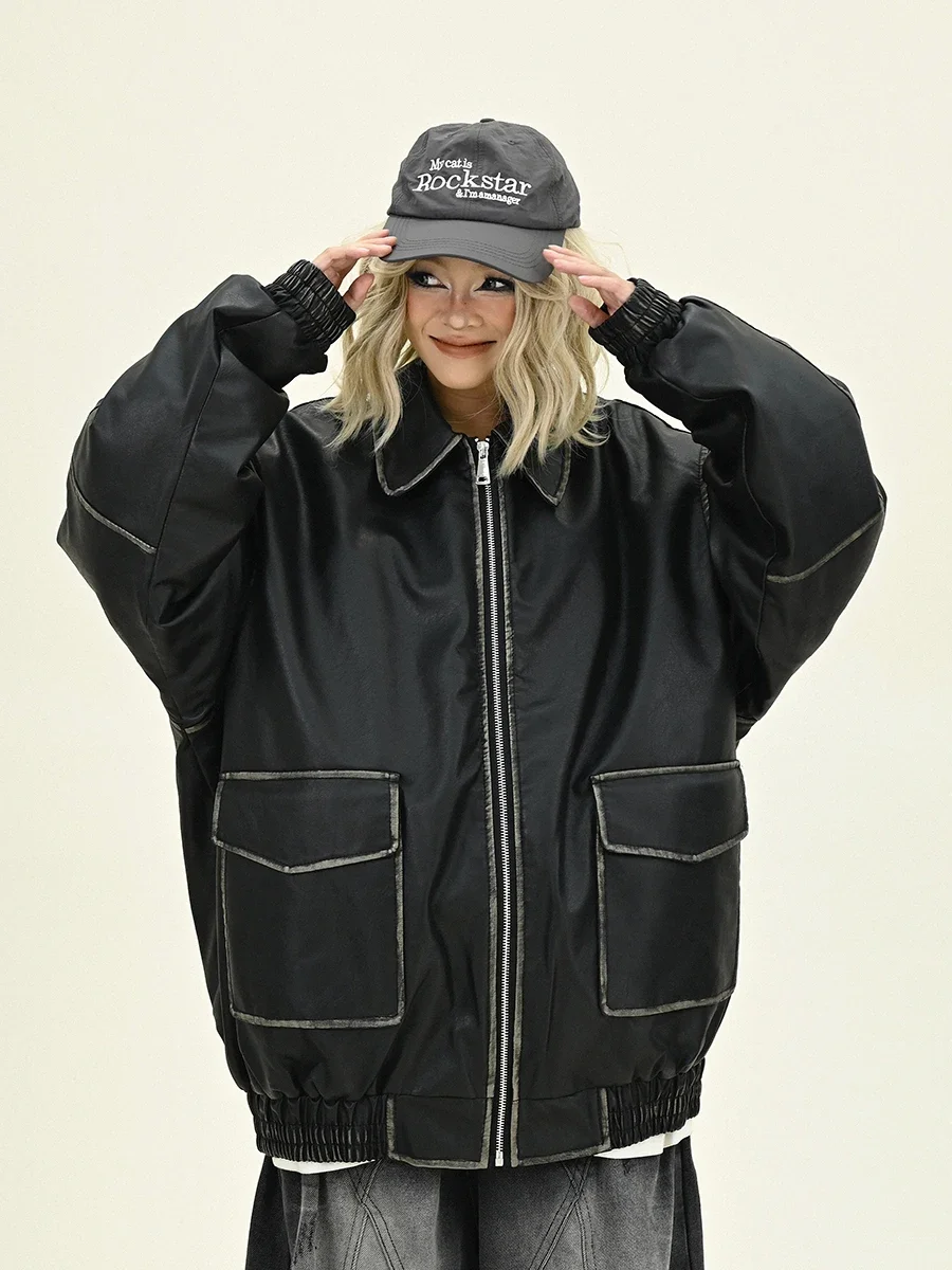 Женские парки из искусственной кожи с большими карманами и лацканами новинка