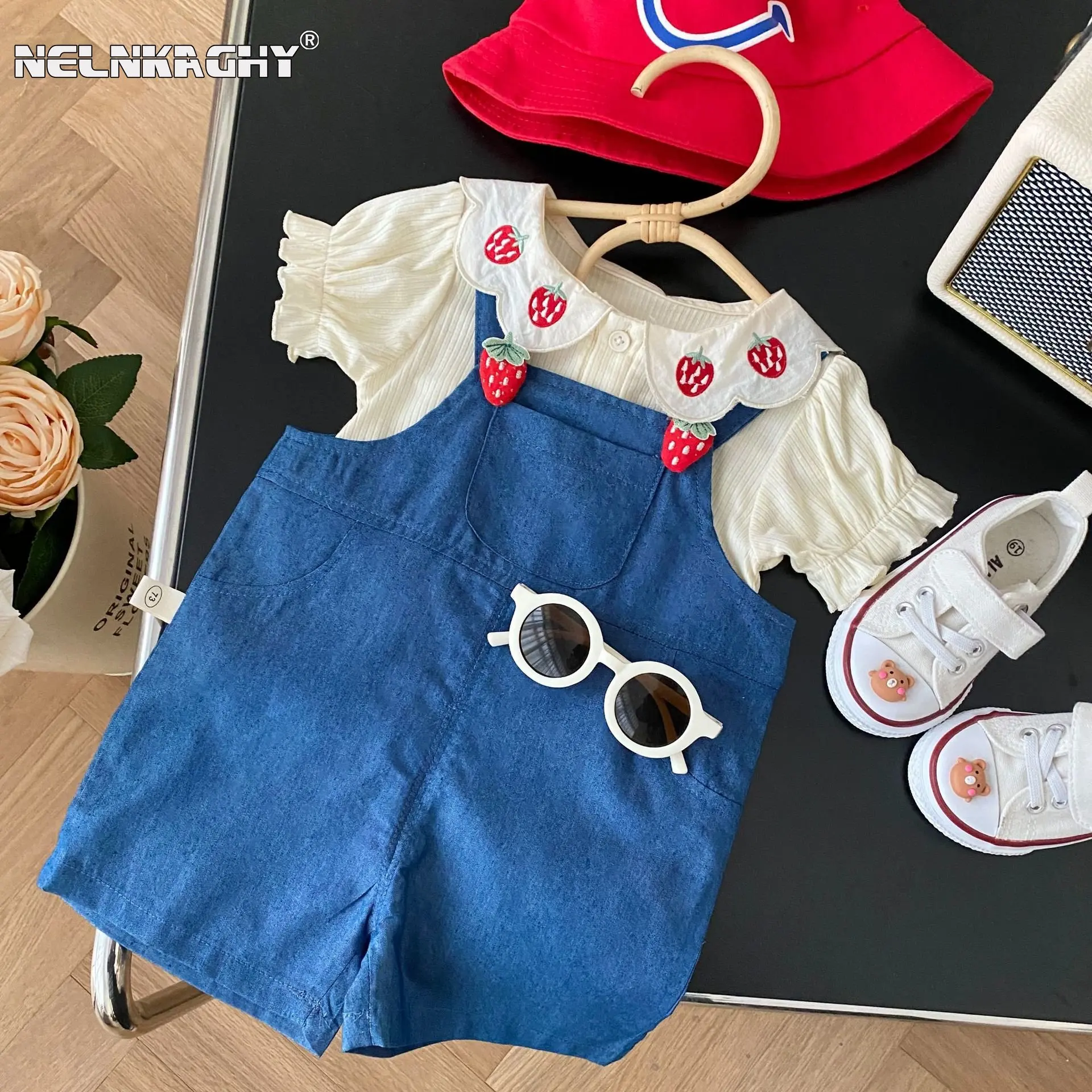 

2023 Summer New In Kids Baby Girsl Peter Pan Collar Embroidery Top T-shirts+denim Overalls Jumpsuits Children Clothes Set 2pcs