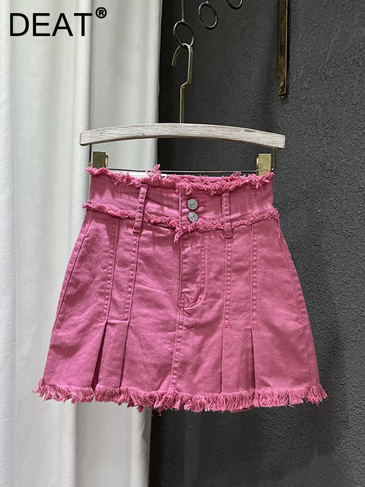 

DEAT Women's Denim Skirt High Waist Rose Pink Pleated Burrs A-line Pockets Wrap Hip Mini Skirts 2023 Summer New Fashion 29L1741